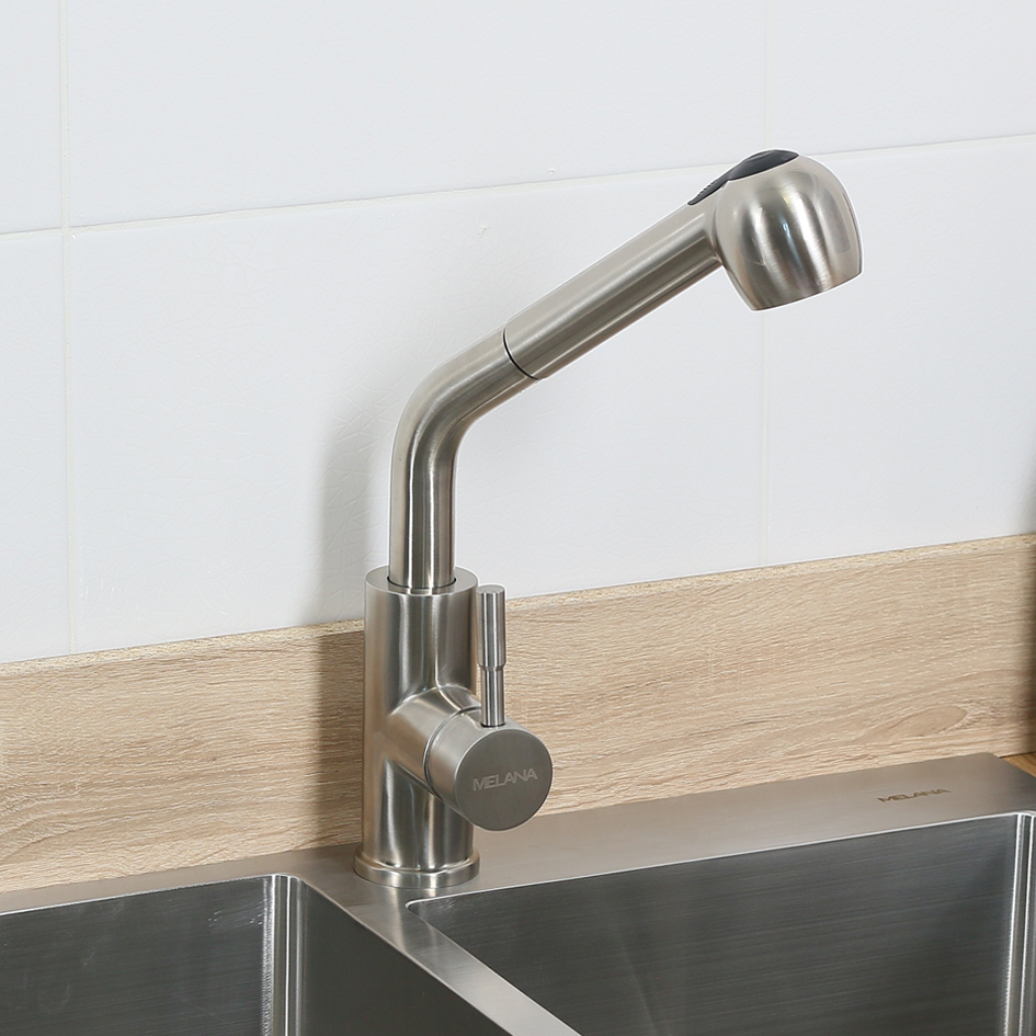 Смеситель MELANA F8109, вытяжной излив, нерж.сталь, сатин
